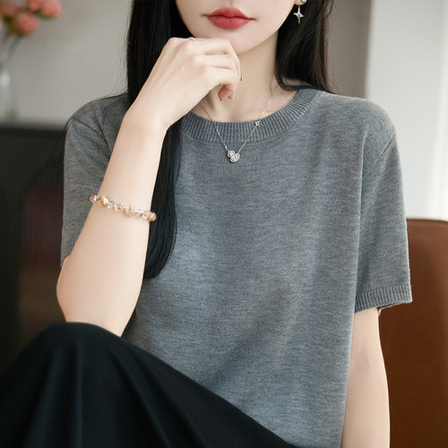 春夏精纺羊毛衫短袖T恤百搭半袖