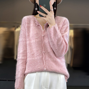 100%纯羊绒圆领开衫女秋冬绞花针织毛衣外套宽松羊毛衫衫外搭上衣