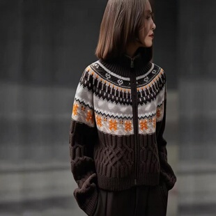 复古费尔岛提花100%纯羊毛衫女半开拉链加厚针织毛衣宽松羊绒打底