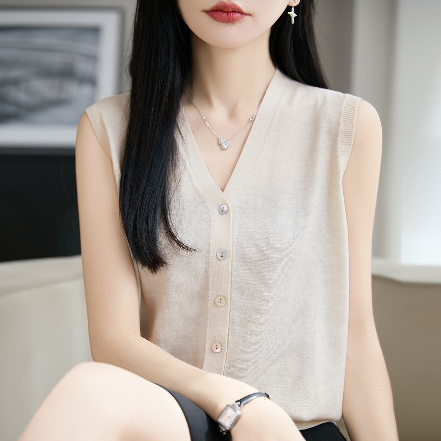 V领亚麻针织开衫女无袖纽扣背心
