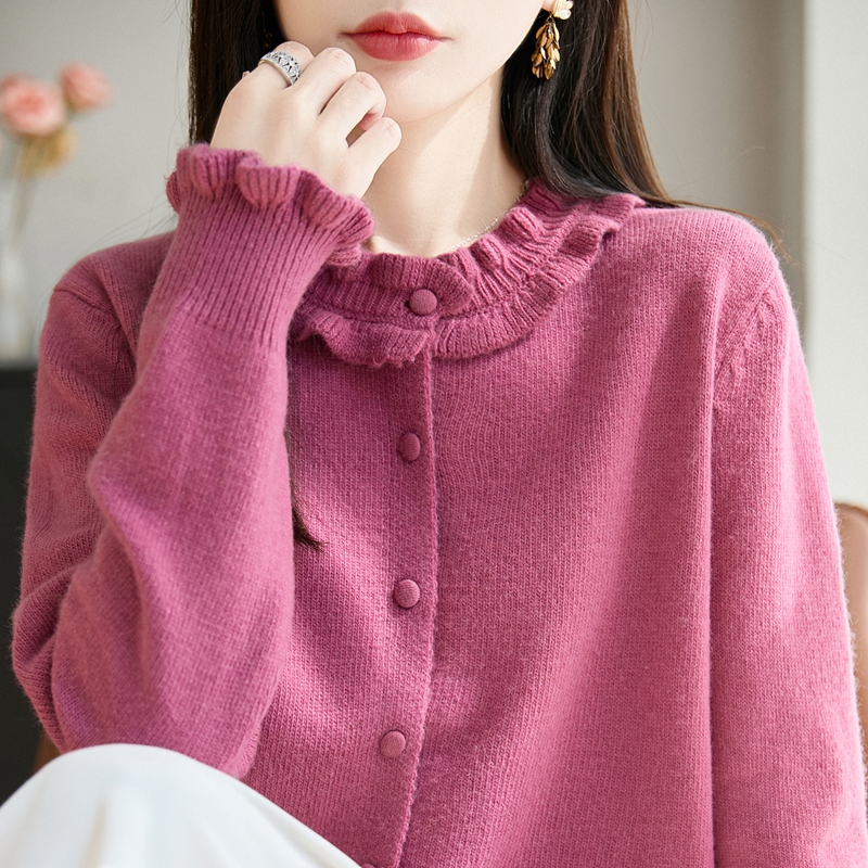 木耳领精纺羊毛开衫长袖外套毛衣