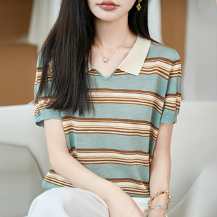 撞色翻领条纹短袖针织T恤女夏季薄款百搭高级感背心半袖打底上衣