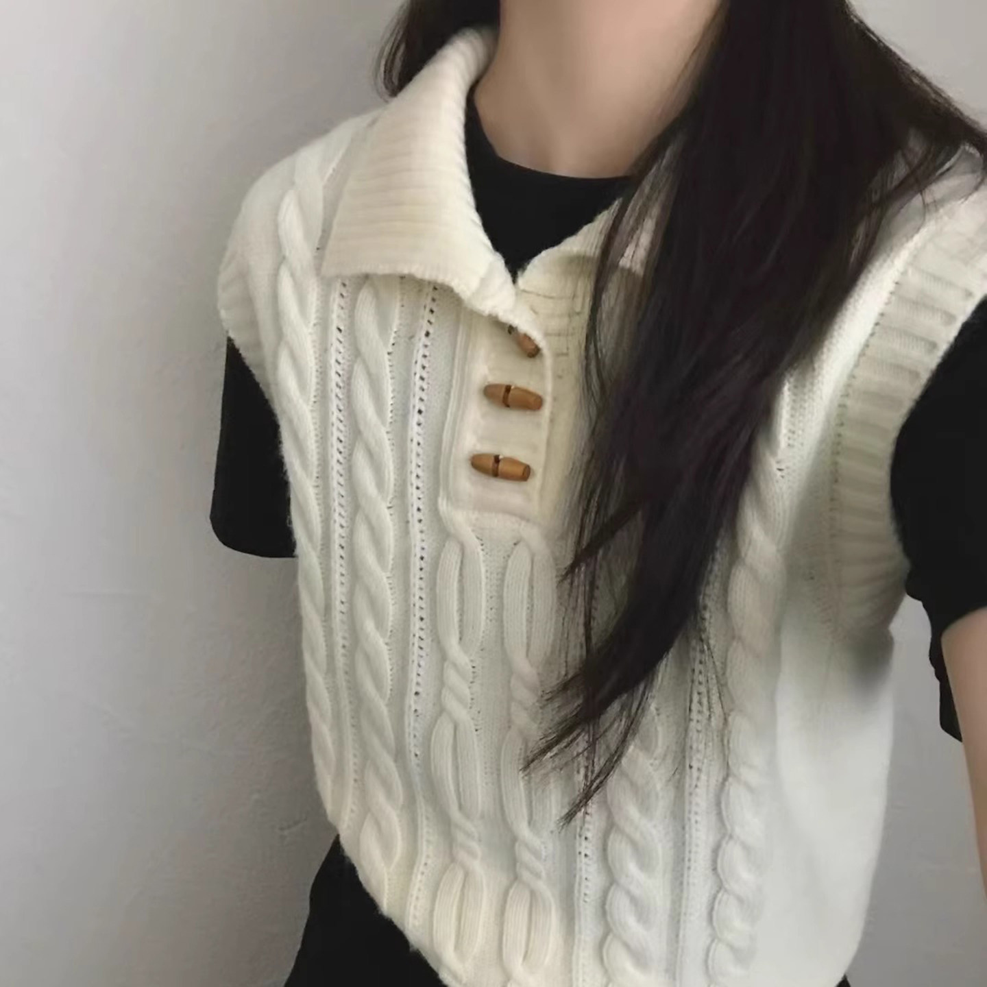 100%纯羊毛衫女翻领无袖针织马甲