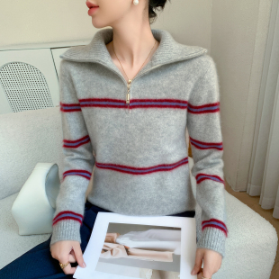 高级感半开拉链山羊绒衫 针织毛衣女高领拼色加厚上衣宽松羊毛打底