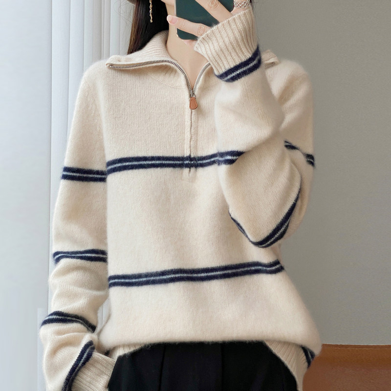 半开翻领拉链100%纯羊毛衫女条纹拼色加厚针织毛衣宽松打底羊绒衫