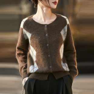 100%纯羊毛开女圆领菱形拼色提花拉绒针织毛衣宽松慵懒羊绒衫外套