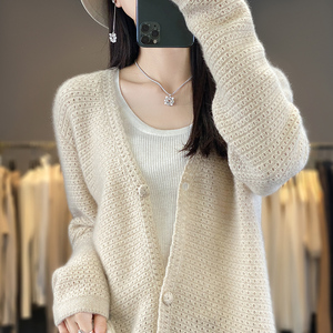 v领镂空100纯羊绒衫针织开衫女重工钩花宽松羊毛打底衫外套毛衣