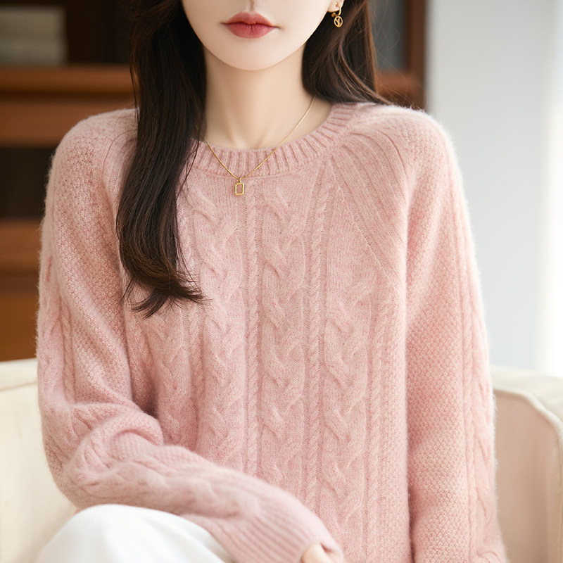 25秋冬100%纯羊毛衫女圆领麻花加厚针织毛衣宽松慵懒风羊绒衫打底