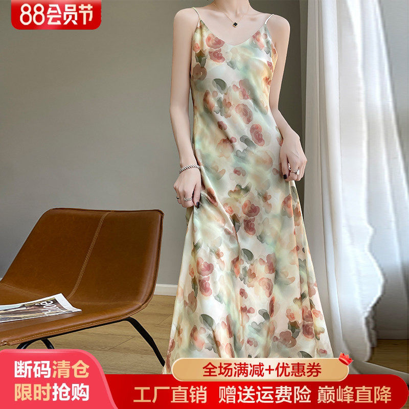 夏季新款V领印花真丝吊带连衣裙