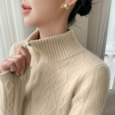 半高领拉链加厚山羊绒开衫女外套