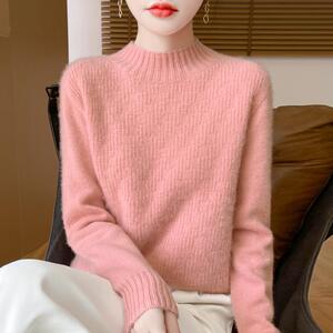 100%纯羊绒衫女一线成衣半高领提花加厚针织毛衣宽松打底羊毛上衣