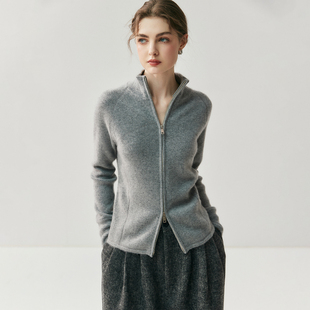 高级感半高领山羊绒开衫女双拉链提花针织毛衣修身显瘦羊毛衫外套