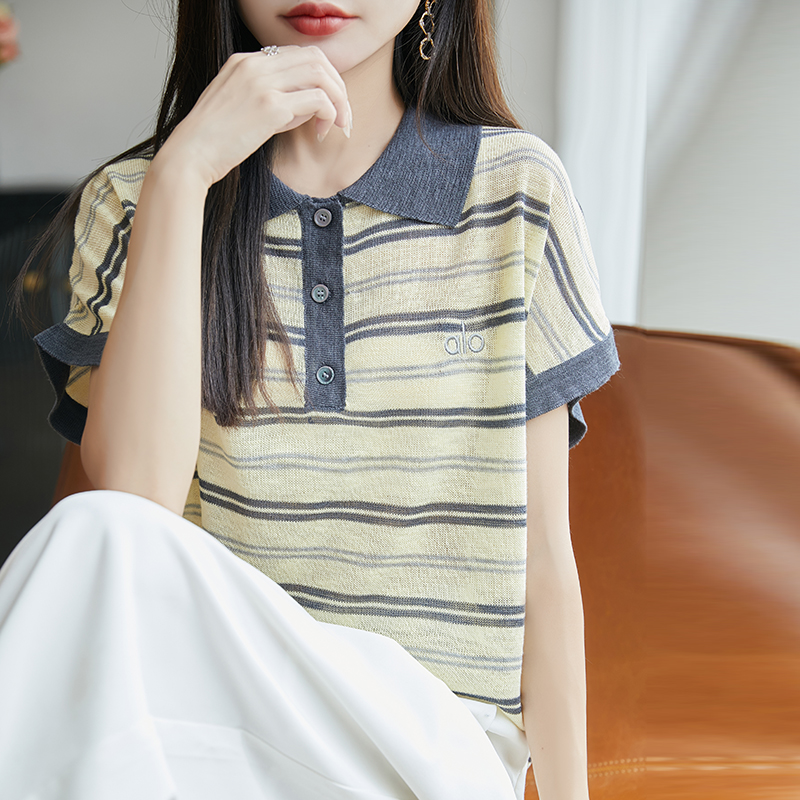 POLO领拼色薄款针织短袖T恤女条纹刺绣纽扣上衣宽松套头半袖打底