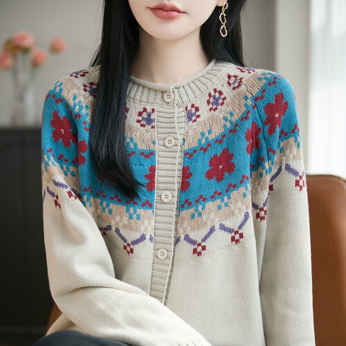 复古拼色费尔岛提花精纺羊毛开衫女春秋长袖针织毛衣宽松加厚外套