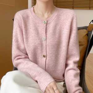 100%纯羊绒开衫女秋冬款圆领带兜毛衣外套宽松百搭羊毛衫上衣外搭