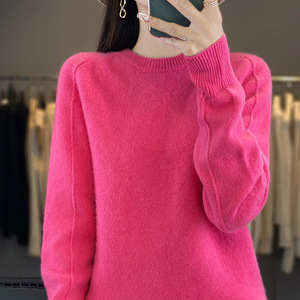 2024秋冬100%纯羊绒衫女圆领线条针织毛衣百搭宽松羊毛衫打底上衣