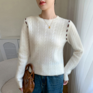 打底上衣 毛衣女宽松拼色羊毛衫 baby小山羊绒衫 加厚圆领麻花针织衫