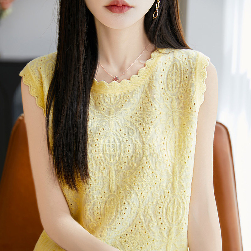 夏季精纺羊毛衫针织背心女花边圆领镂空无袖上衣宽松内搭吊带打底