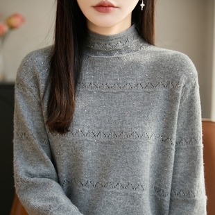 重工镶钻半高领精纺羊毛衫女镂空钩花针织毛衣气质宽松羊绒打底衫
