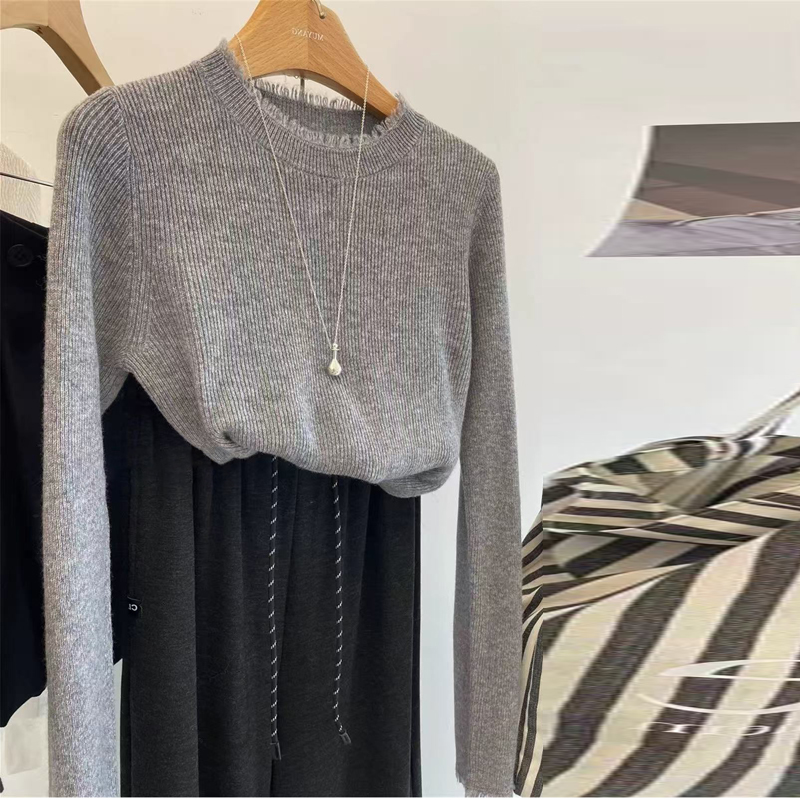 100%纯羊毛衫针织毛衣女流苏坑条圆领针织毛衣修身显瘦羊绒衫打底