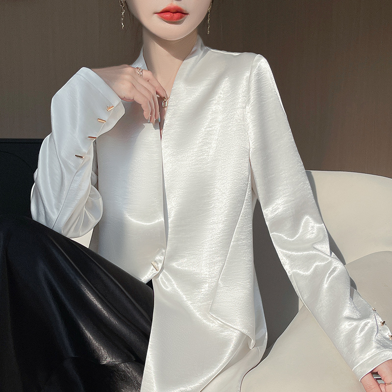春秋缎面真丝长袖开衫女V领一粒扣鎏金醋酸宽松休闲西装上衣外搭