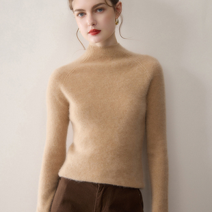100%纯山羊绒衫女一线成衣半高领坑条针织毛衣修身无缝羊毛衫打底