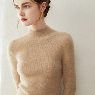 高端100%纯羊绒衫女一线成衣半高领坑条针织毛衣修身显瘦羊毛打底