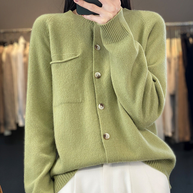 24春秋新款100%纯羊绒开衫女带兜圆领毛衣外套长袖羊毛衫针织上衣