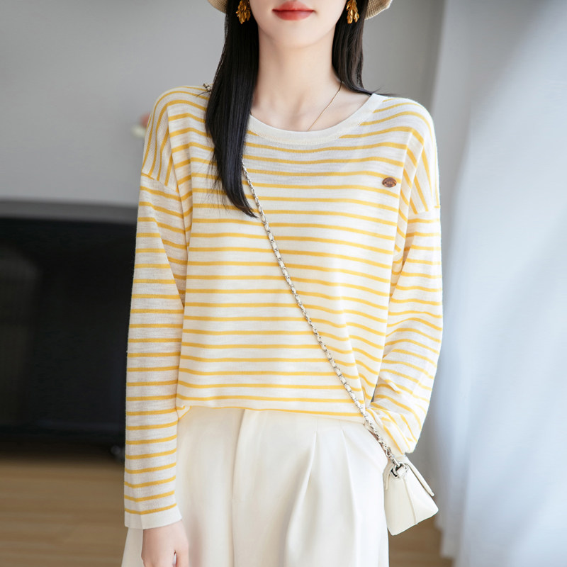 圆领拼色条纹针织衫长袖毛衣女竹节麻刺绣薄款上衣宽松慵懒打底衫