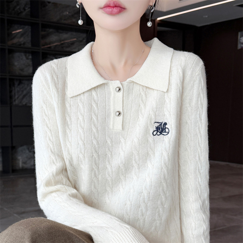 POLO领纯羊毛麻花刺绣女针织毛衣