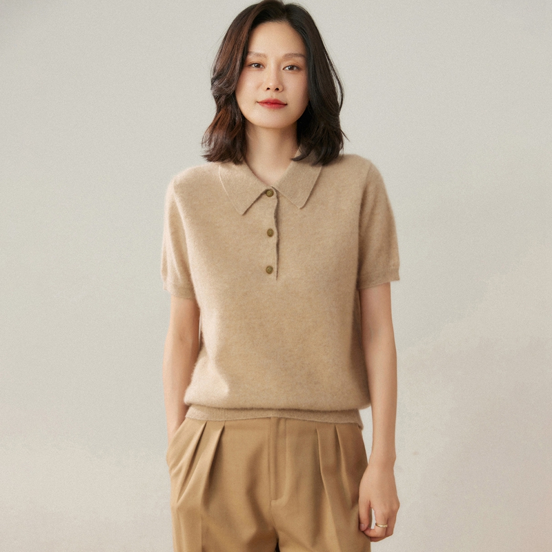 小山羊绒衫针织短袖毛衣女POLO领