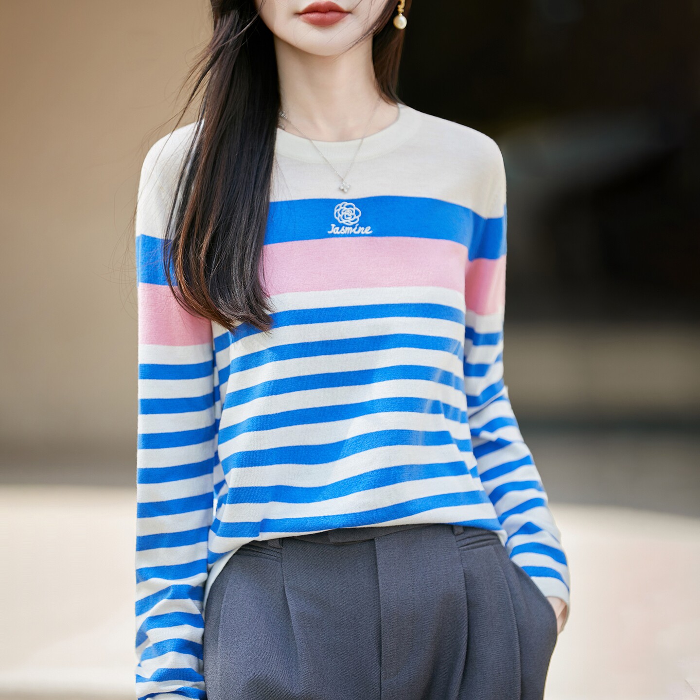 桑蚕丝精纺羊毛衫女条纹圆领毛衣