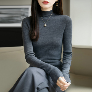 半高领100%纯羊毛衫女25秋冬坑条针织长袖毛衣修身显瘦打底羊绒衫