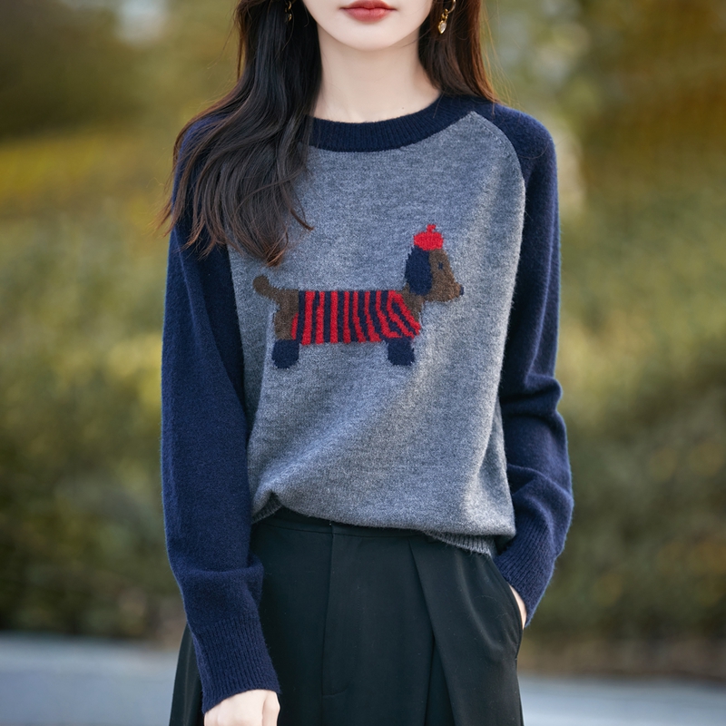 拼色圆领加厚精纺羊毛衫小狗毛衣