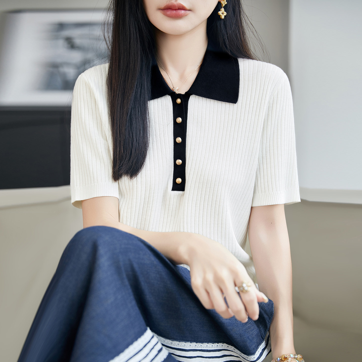 POLO领撞色莱赛尔针织短袖T恤衫