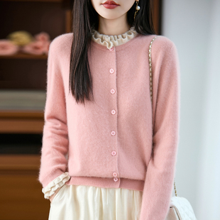 100%纯羊毛开衫女半高领木耳边拼色针织衫毛衣宽松长袖羊绒衫外套