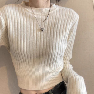 秋冬100%纯羊毛坑条圆领针织衫女修身显瘦套头短款羊绒衫打底毛衣