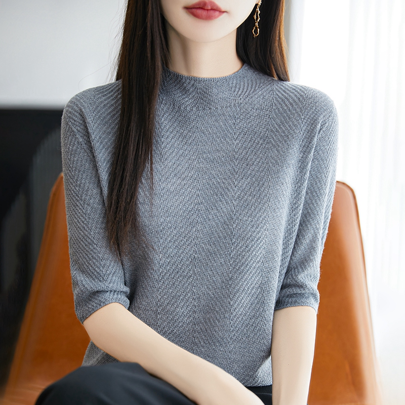 半高领桑蚕丝羊毛针织五分袖女斜纹提花短袖T恤宽松中袖打底上衣