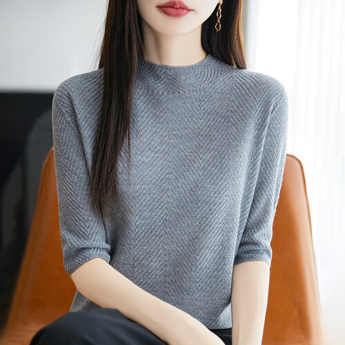 半高领桑蚕丝羊毛针织五分袖T恤