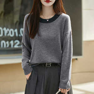 拼色圆领加厚100%纯羊绒衫女宽松慵懒风羊毛衫针织长袖毛衣打底衫