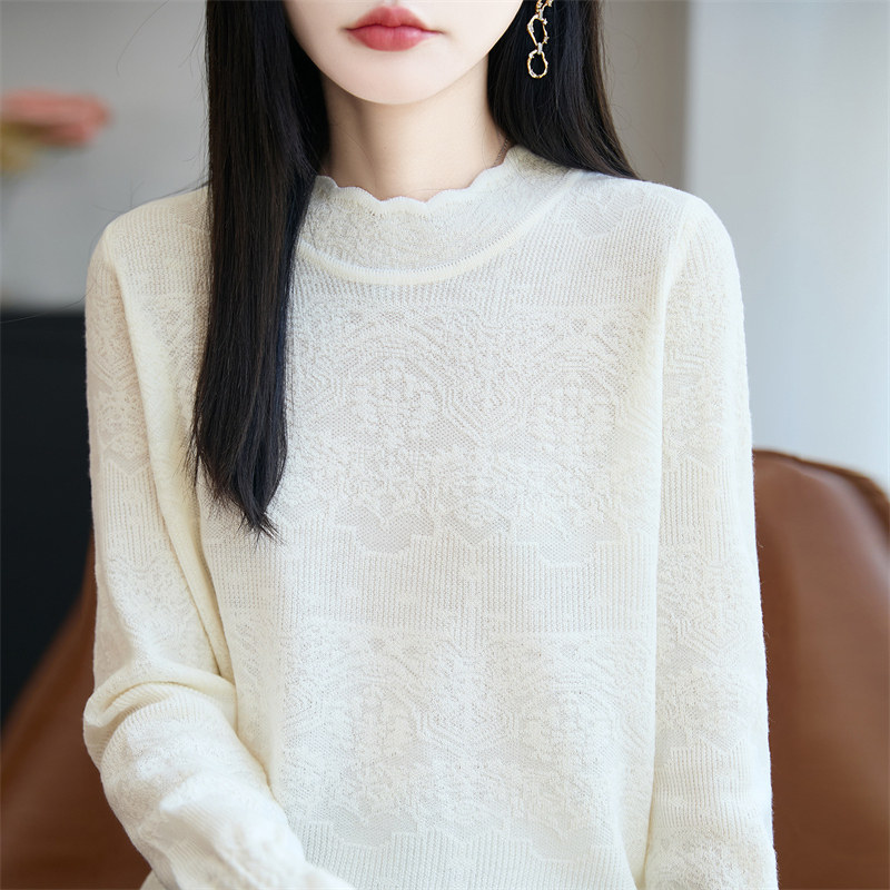 花边半高领精纺羊毛衫女针织毛衣