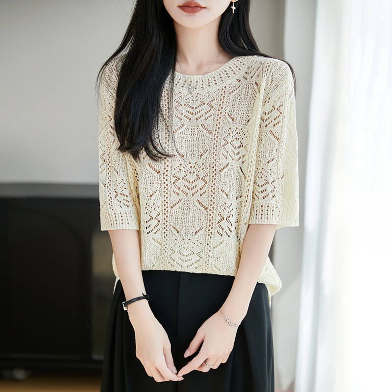 春夏镂空钩花针织衫女珍珠麻花短袖圆领T恤宽松显瘦百搭半袖上衣