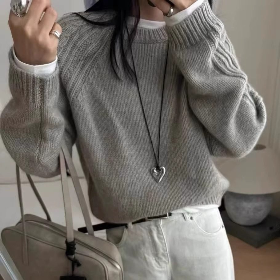 老钱风圆领100%纯羊毛衫女加厚提花宽松慵懒百搭针织羊绒毛衣打底