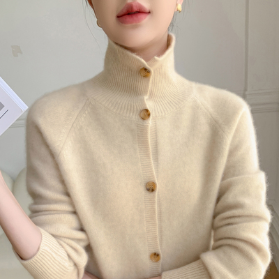 25秋冬加厚山羊绒高领开衫女外套