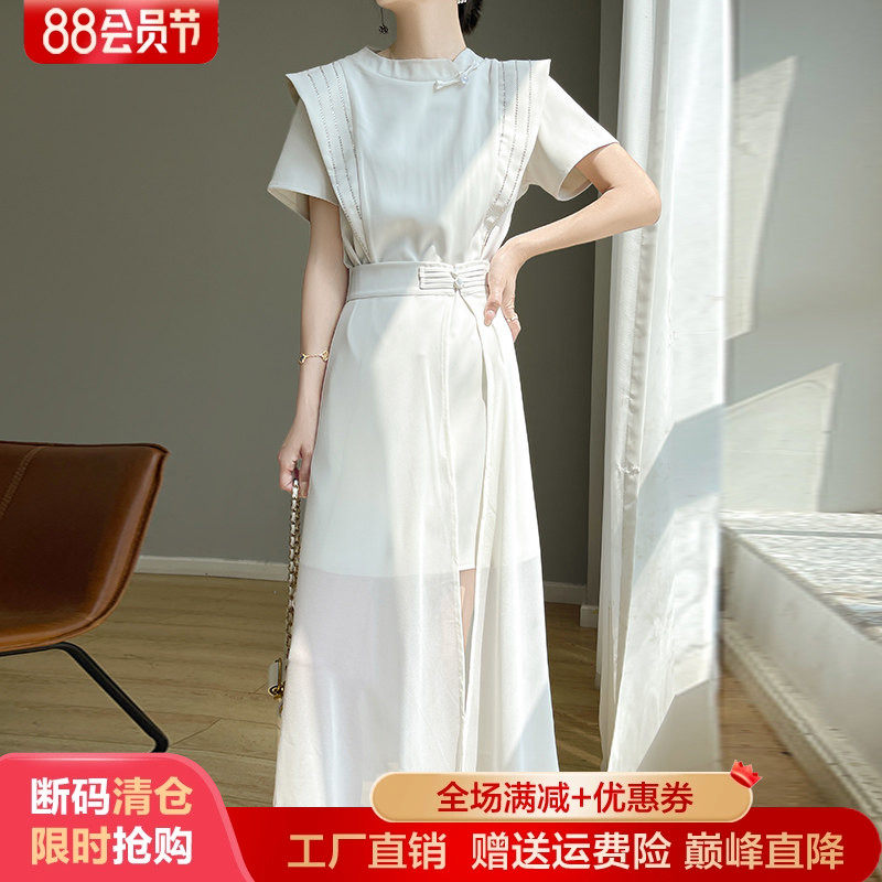 立领盘扣中长款缎面真丝女连衣裙