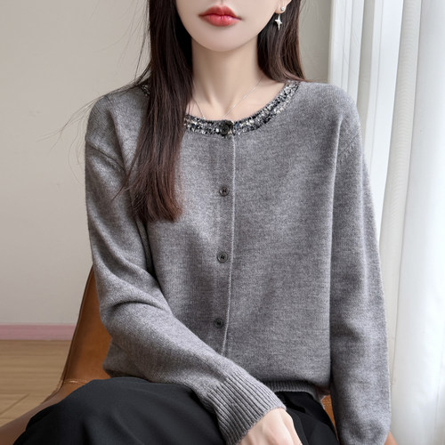 法式精纺羊毛女亮片拼色开衫外套