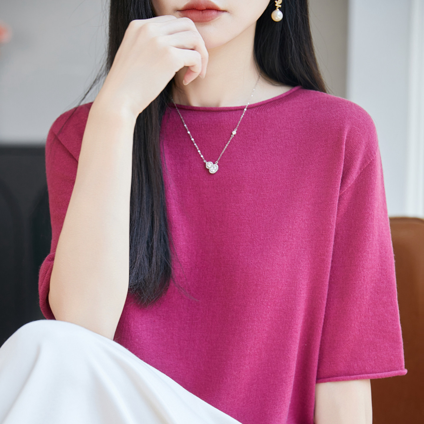夏季水溶精纺羊毛女短袖针织背心