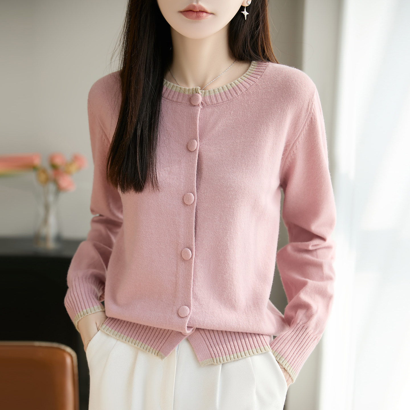 拼色圆领精纺羊毛开衫女春秋百搭针织长袖毛衣宽松慵懒风外套上衣