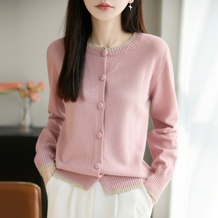 拼色圆领精纺羊毛开衫女春秋百搭针织长袖毛衣宽松慵懒风外套上衣