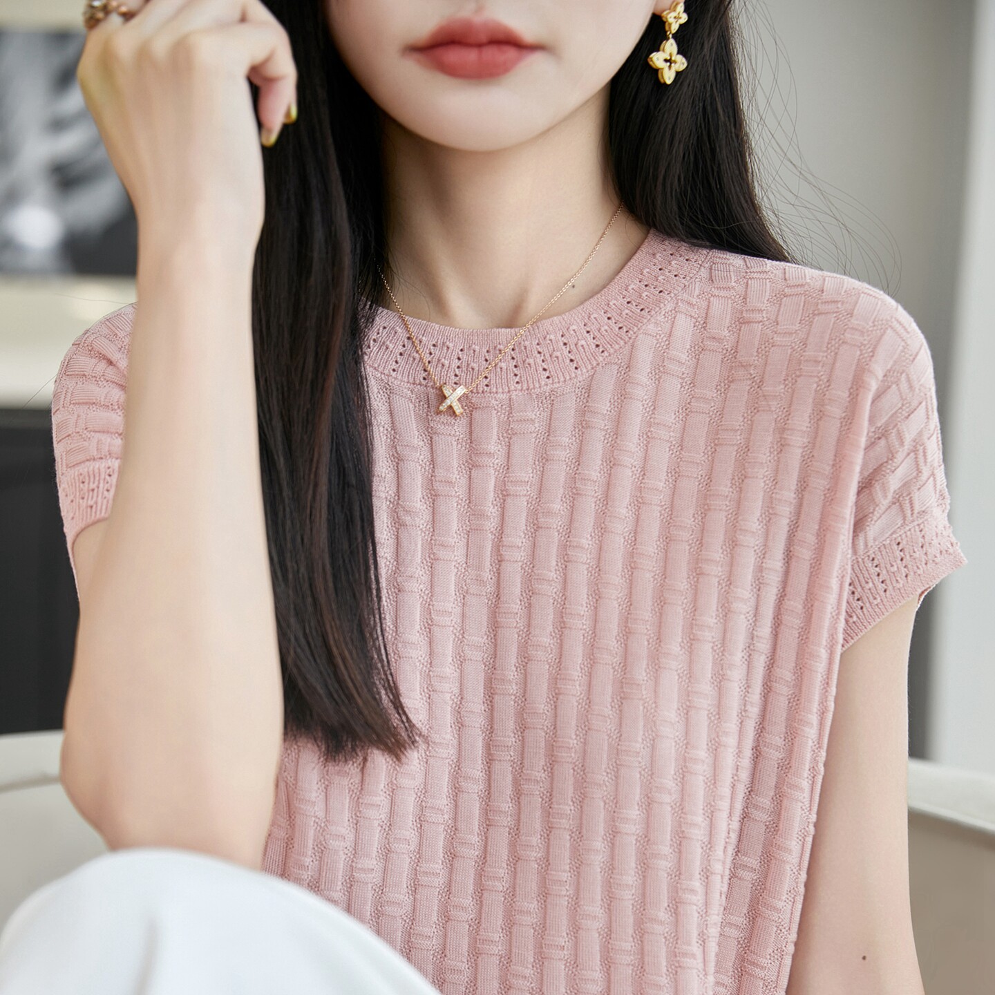 100%天丝针织镂空提花女T恤背心